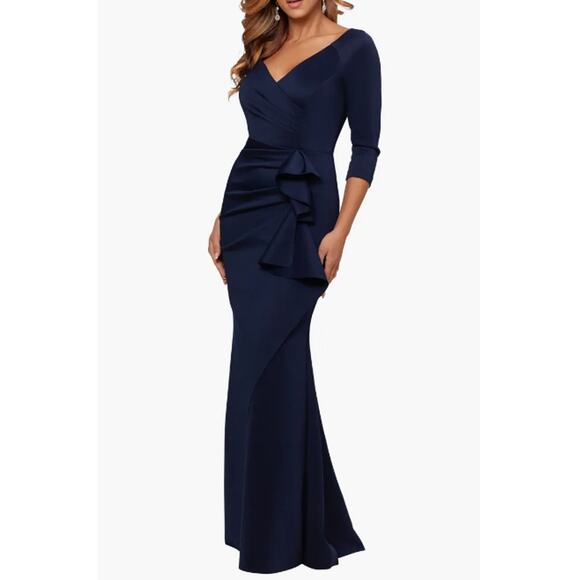 XSCAPE Women's Ruched Scuba Ruffle Gown Size 8 Midnight Blue 3/4 Sleeves NWT - Picture 1 of 10